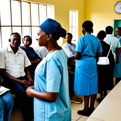 Home 9 Public Healthcare Scene**
"A busy waiting room in a Namibian public hospital, showing diverse people of all ages, fully clothed and in modest attire, waiting patiently, safe for work, appropriate content, perfect anatomy, natural proportions, professional photography, high quality, family-friendly."
**