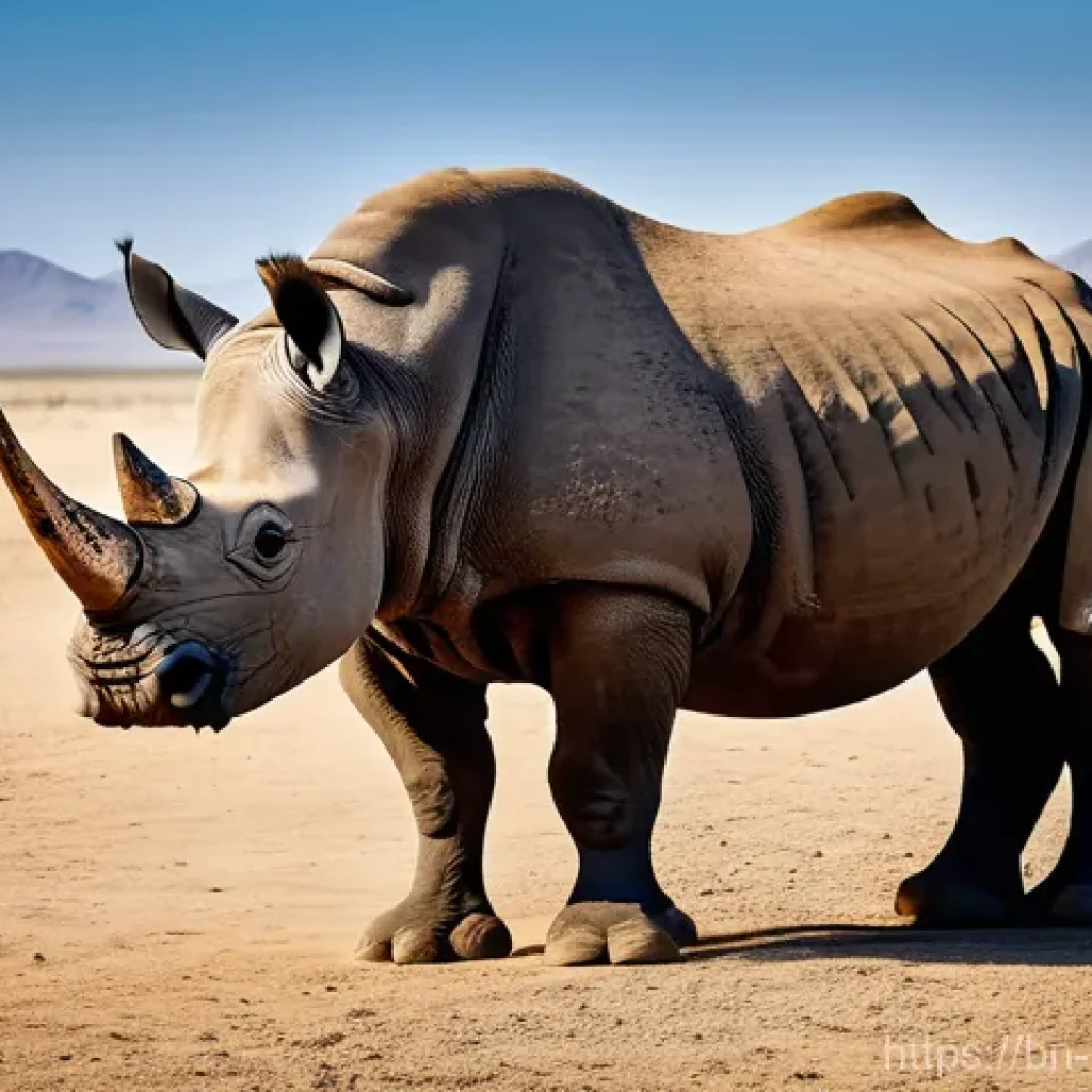 나미비아의 멸종 위기 동물 - A majestic, powerful black rhino with a thick, textured, dark grey-brown hide, standing resolute in ...