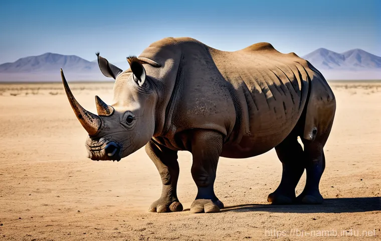 나미비아의 멸종 위기 동물 - A majestic, powerful black rhino with a thick, textured, dark grey-brown hide, standing resolute in ...