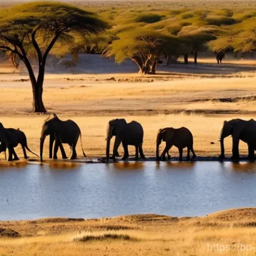 나미비아 기후 및 계절별 날씨 - **Prompt 1: Etosha National Park Waterhole Gathering at Golden Hour**
    "A stunning wide-angle sho...