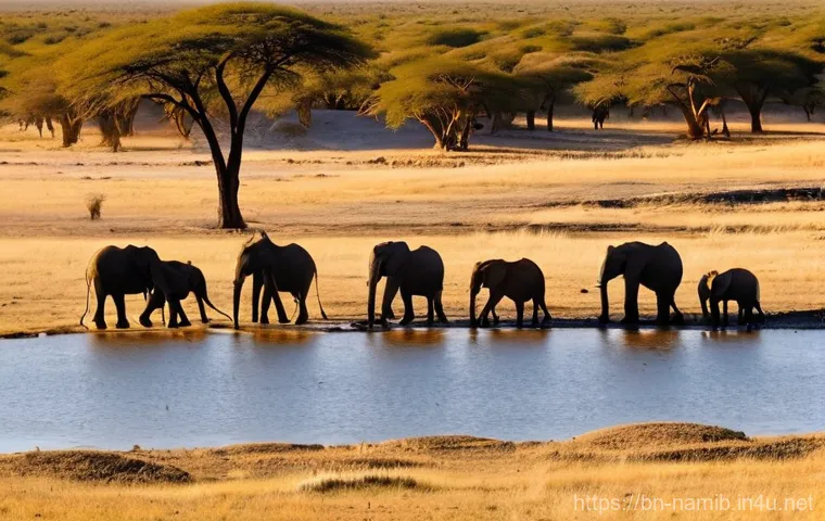 나미비아 기후 및 계절별 날씨 - **Prompt 1: Etosha National Park Waterhole Gathering at Golden Hour**
    "A stunning wide-angle sho...