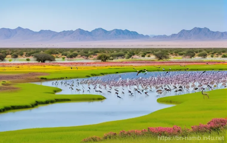 나미비아 기후 및 계절별 날씨 - **Prompt 1: Etosha National Park Waterhole Gathering at Golden Hour**
    "A stunning wide-angle sho...