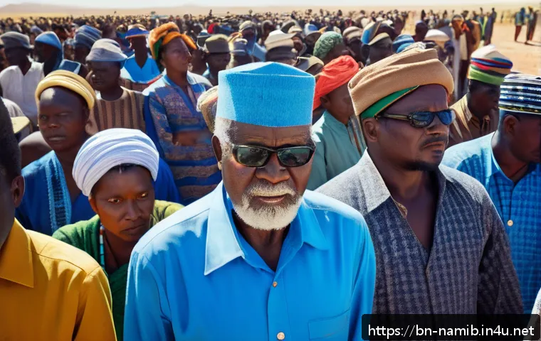 나미비아에서 유명한 인물 - A dignified portrait of Sam Nujoma standing confidently in traditional Namibian attire, surrounded b...