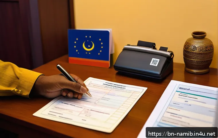나미비아 비자 발급 방법 - A detailed scene of a Bengali traveler carefully filling out a Namibia visa application form at a wo...